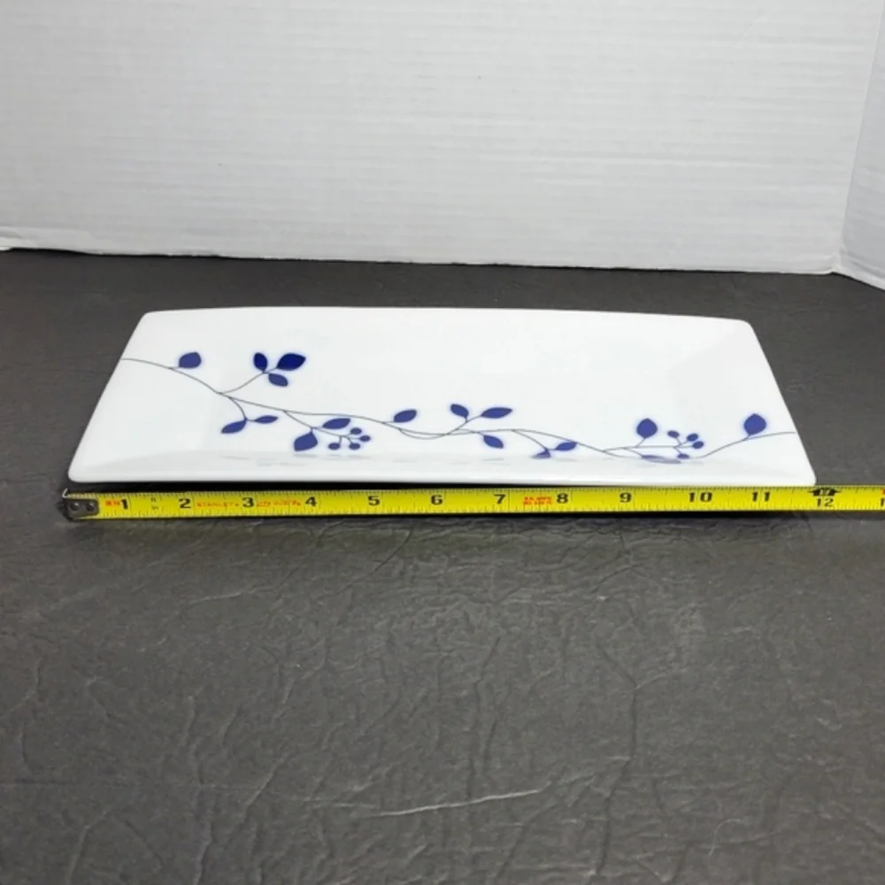 Crate and Barrel Blue Hana Flower Leaf and Vine White Rectangular Serving Plate